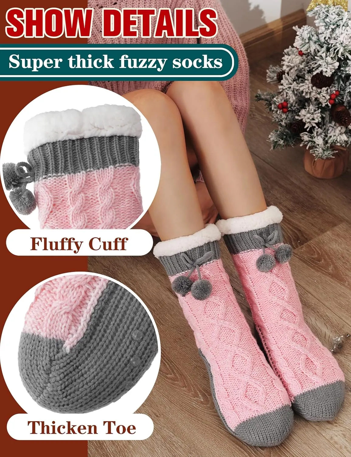 Womens Slipper Fuzzy Grips Socks Fluffy Winter Warm Thick Thermal Cozy Plush Non Slip Cabin Soft Fleece Socks