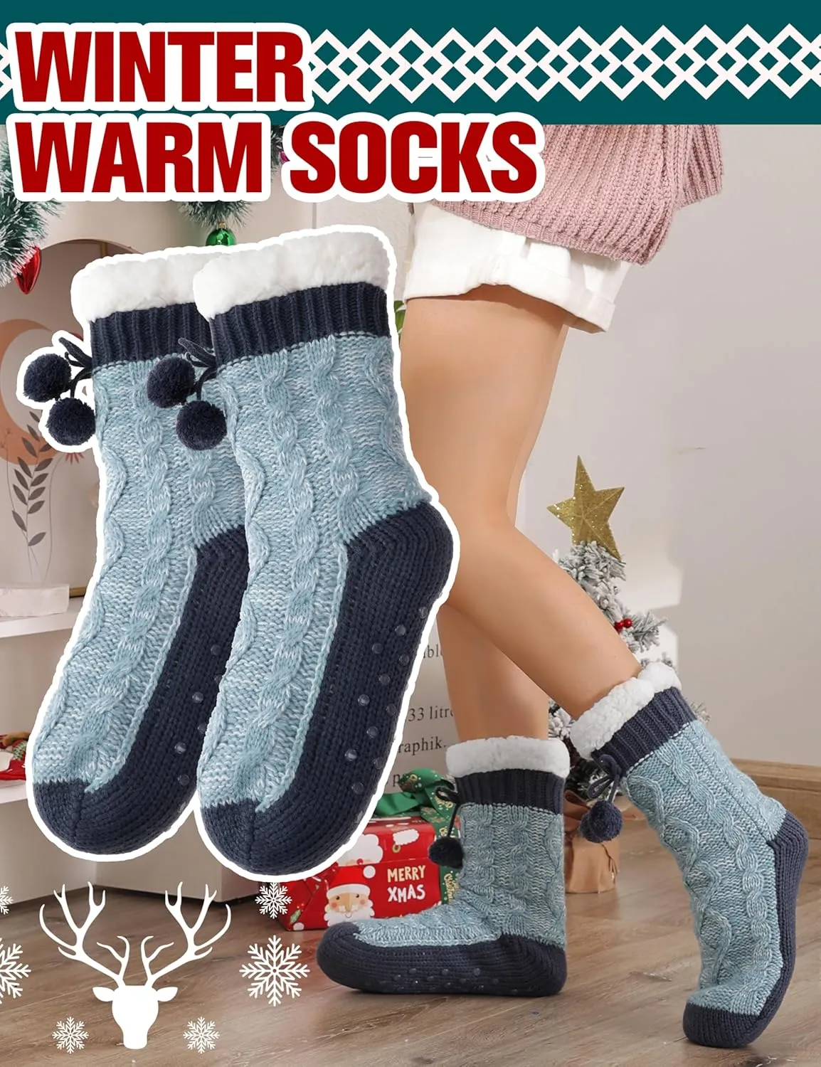 Womens Slipper Fuzzy Grips Socks Fluffy Winter Warm Thick Thermal Cozy Plush Non Slip Cabin Soft Fleece Socks