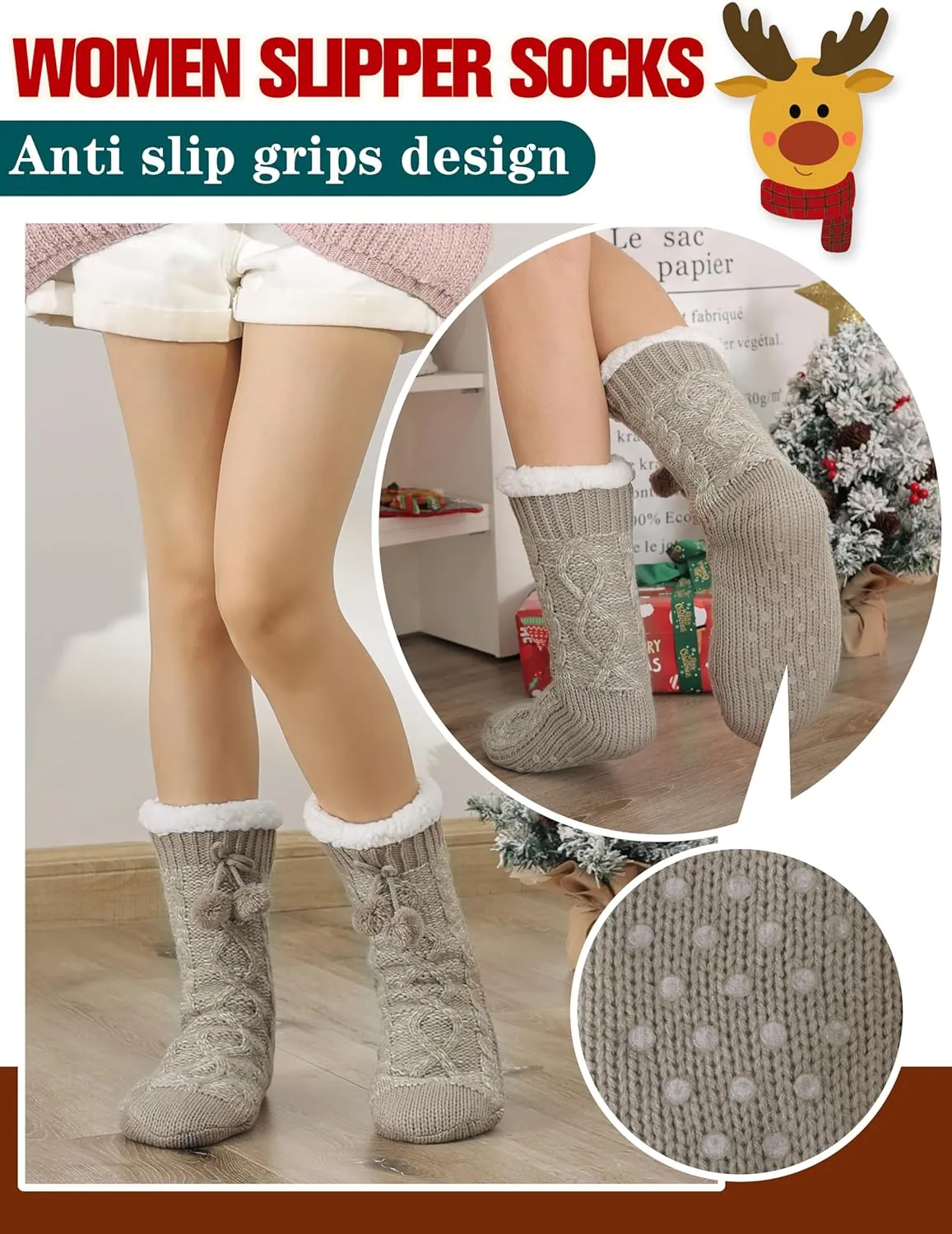 Womens Slipper Fuzzy Grips Socks Fluffy Winter Warm Thick Thermal Cozy Plush Non Slip Cabin Soft Fleece Socks