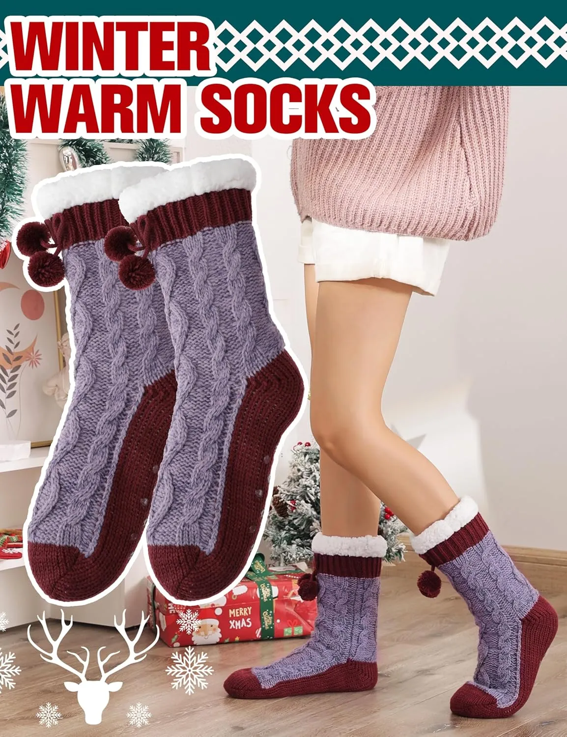 Womens Slipper Fuzzy Grips Socks Fluffy Winter Warm Thick Thermal Cozy Plush Non Slip Cabin Soft Fleece Socks
