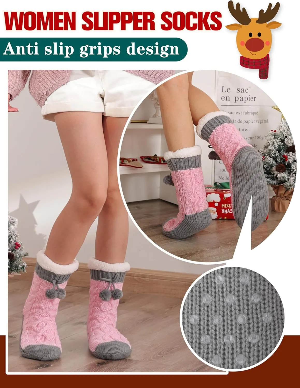 Womens Slipper Fuzzy Grips Socks Fluffy Winter Warm Thick Thermal Cozy Plush Non Slip Cabin Soft Fleece Socks
