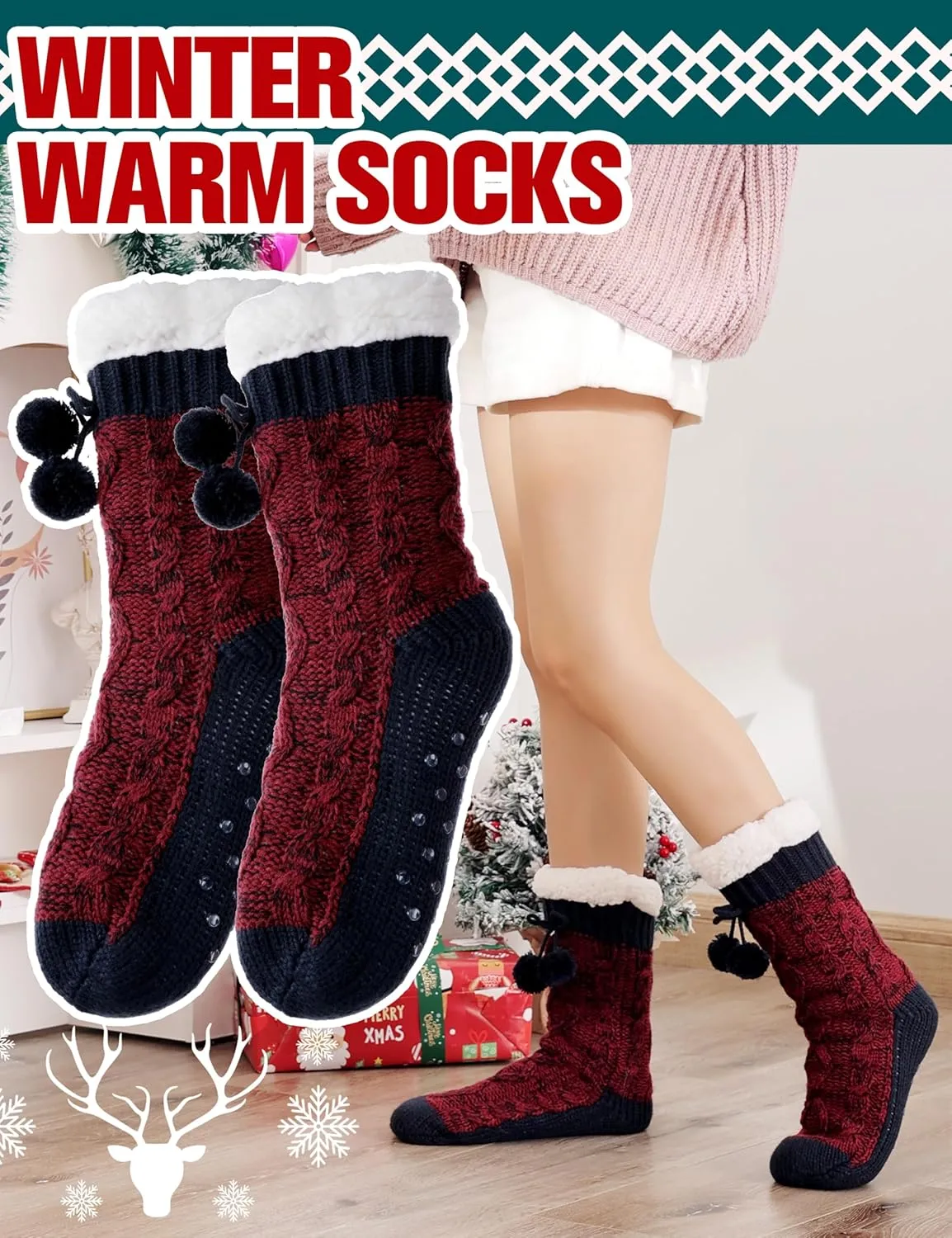 Womens Slipper Fuzzy Grips Socks Fluffy Winter Warm Thick Thermal Cozy Plush Non Slip Cabin Soft Fleece Socks