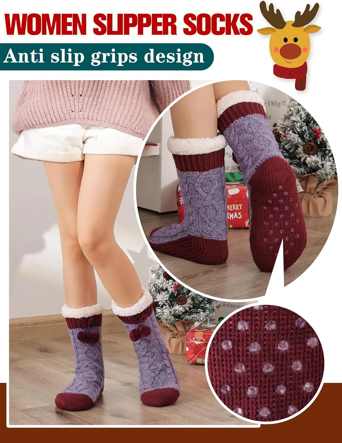Womens Slipper Fuzzy Grips Socks Fluffy Winter Warm Thick Thermal Cozy Plush Non Slip Cabin Soft Fleece Socks