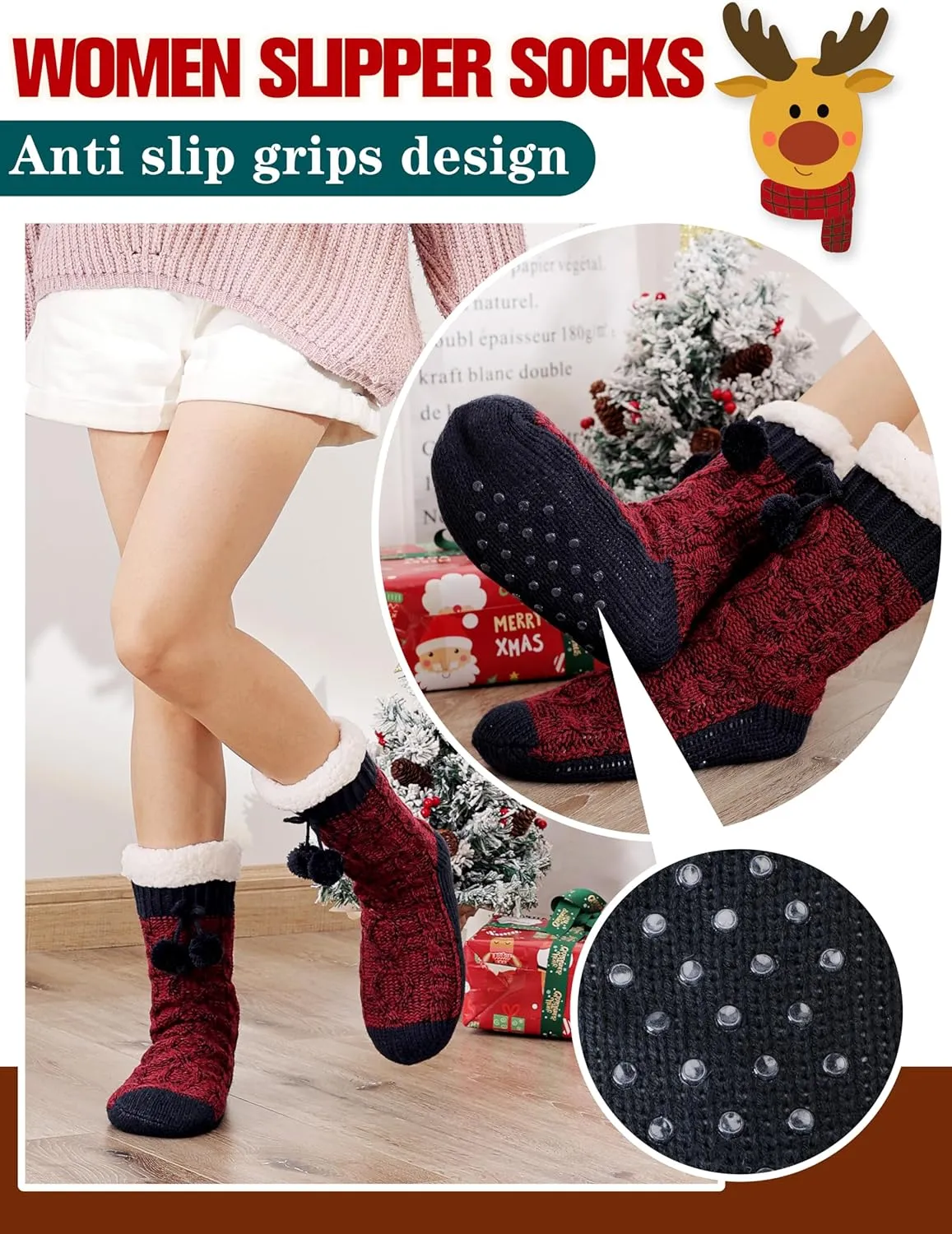 Womens Slipper Fuzzy Grips Socks Fluffy Winter Warm Thick Thermal Cozy Plush Non Slip Cabin Soft Fleece Socks