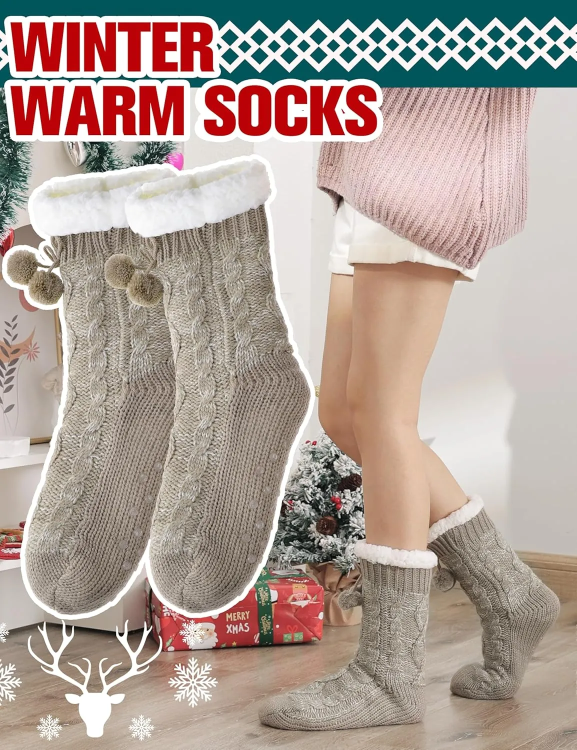 Womens Slipper Fuzzy Grips Socks Fluffy Winter Warm Thick Thermal Cozy Plush Non Slip Cabin Soft Fleece Socks
