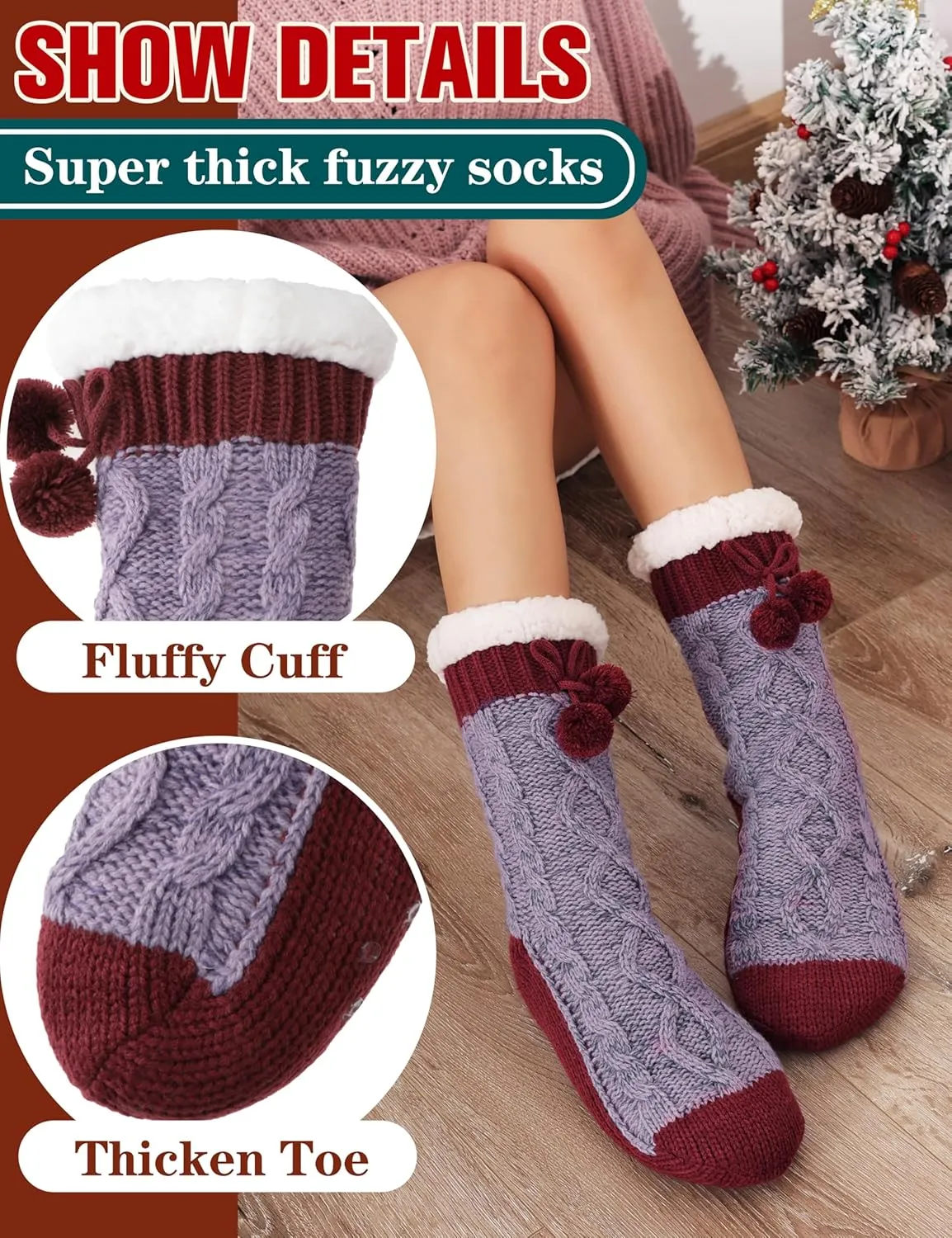 Womens Slipper Fuzzy Grips Socks Fluffy Winter Warm Thick Thermal Cozy Plush Non Slip Cabin Soft Fleece Socks