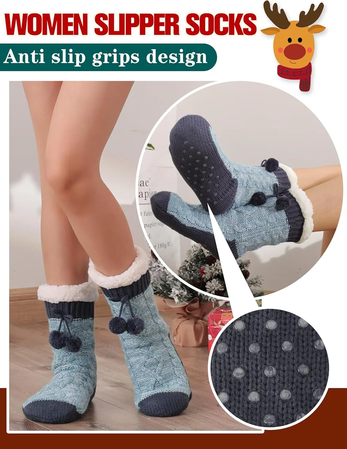 Womens Slipper Fuzzy Grips Socks Fluffy Winter Warm Thick Thermal Cozy Plush Non Slip Cabin Soft Fleece Socks