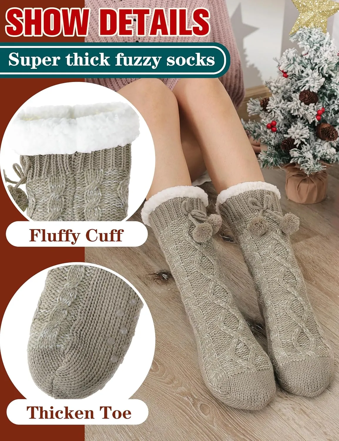 Womens Slipper Fuzzy Grips Socks Fluffy Winter Warm Thick Thermal Cozy Plush Non Slip Cabin Soft Fleece Socks