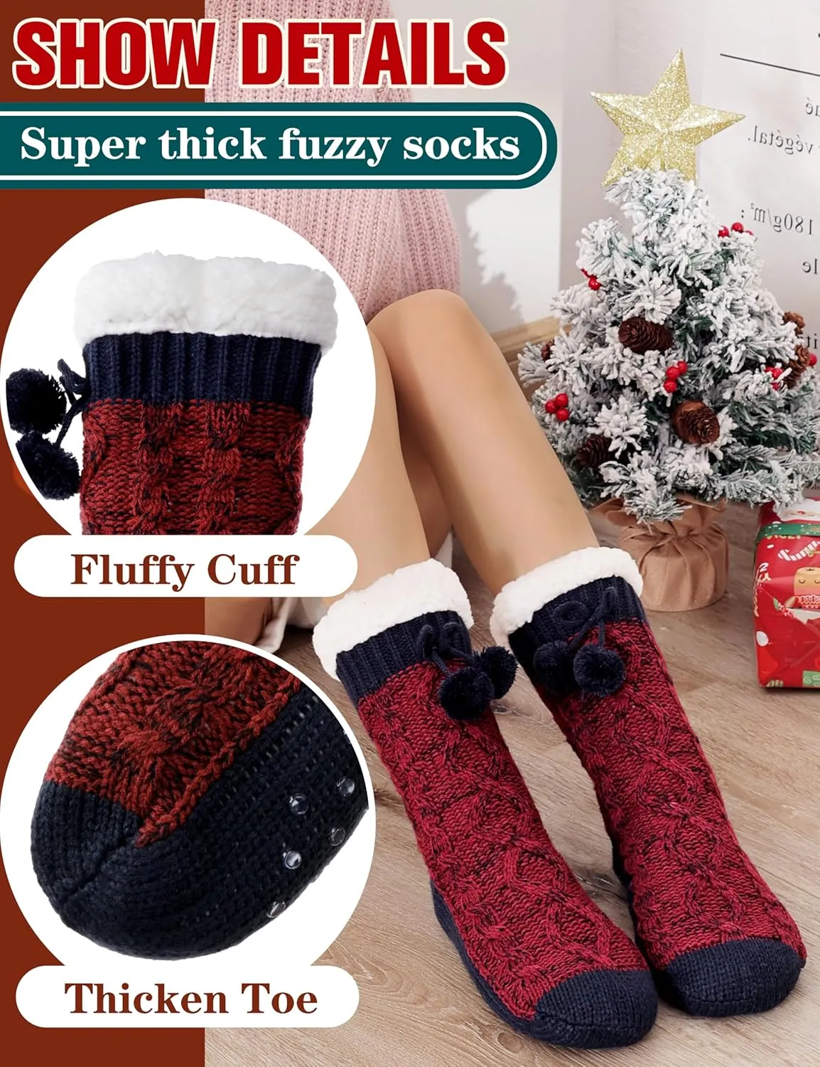Womens Slipper Fuzzy Grips Socks Fluffy Winter Warm Thick Thermal Cozy Plush Non Slip Cabin Soft Fleece Socks