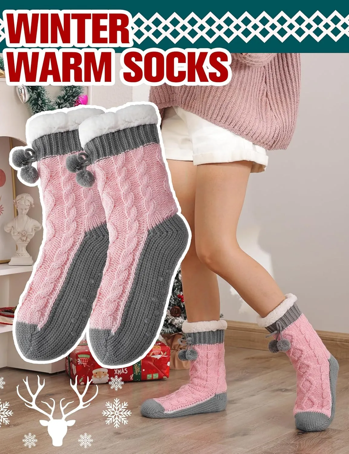 Womens Slipper Fuzzy Grips Socks Fluffy Winter Warm Thick Thermal Cozy Plush Non Slip Cabin Soft Fleece Socks