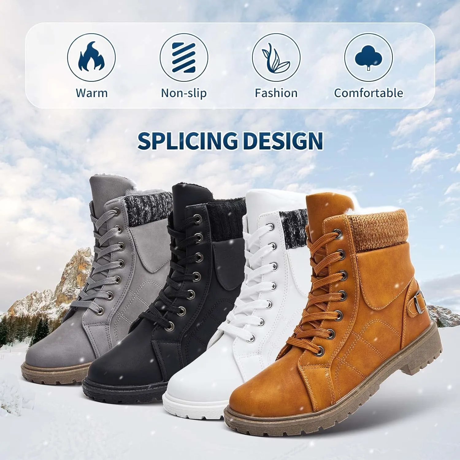 XRH Women Lace Up Combat Boot Winter SnowBoots Warm Fur Lined Ankle Booties Waterproof Hiking Boot for Women Non Slip Leather Boots Shoes